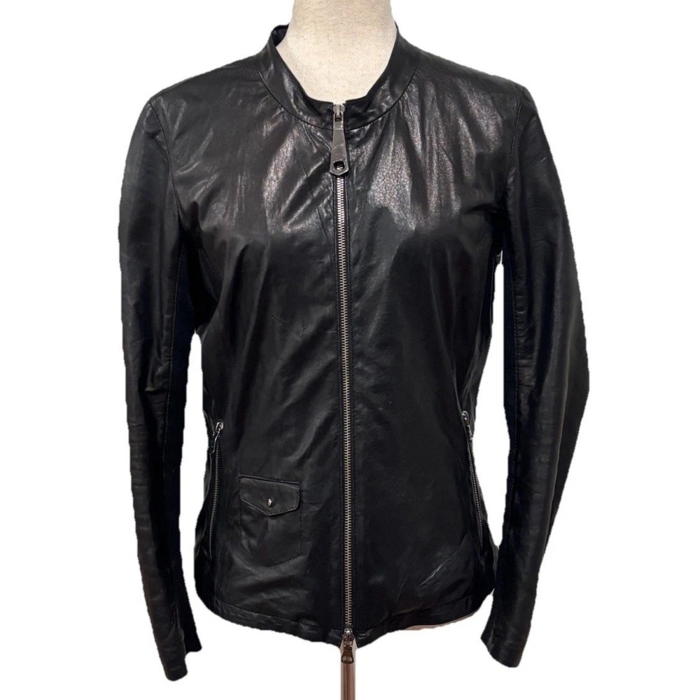 GIMO'S Butter Soft Italian Leather Jacket Ribbed Arm Panel Black US 10/12  IT 46